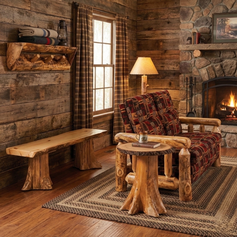 Log Bench Tree Stump Legs Integrated Footrest Live Edge Lodge
