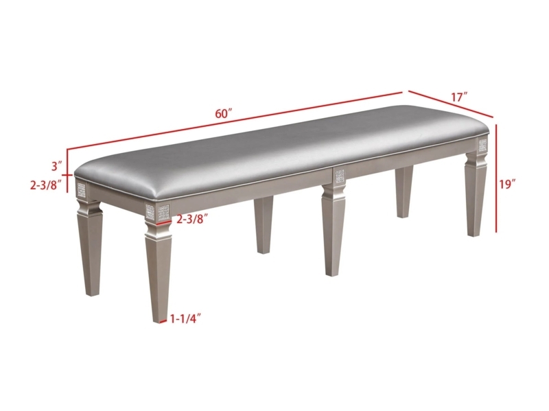 Long Bench Silver Finish Grey Seat Six Tapered Legs Sparkling Accents