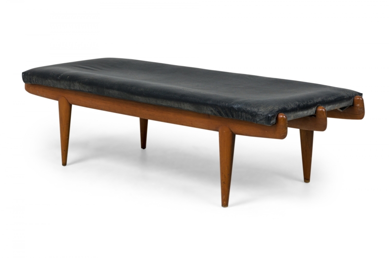 Long Black Leather-Like Bench, Sculpted Wood Frame