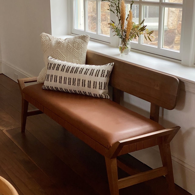 Long Brown Leather-Like Bench, Stitched Details