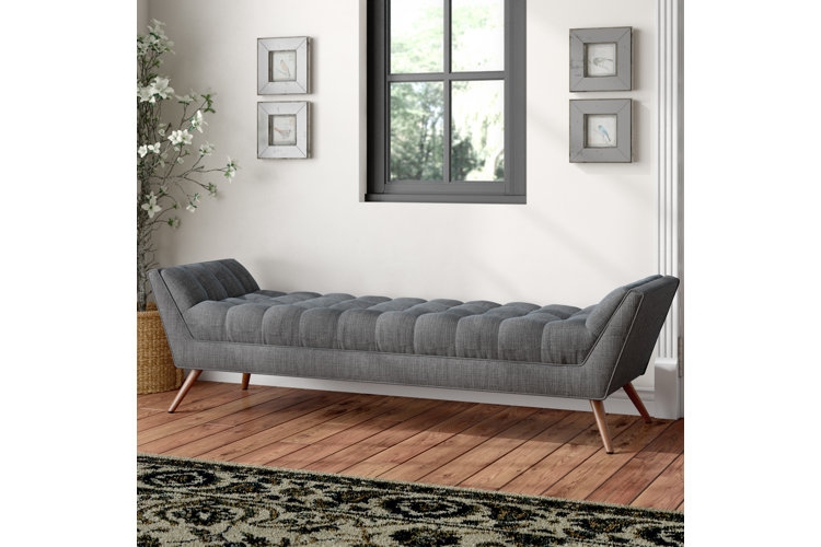 Long Upholstered Entryway Bench with Slim Black Metal Sled Base