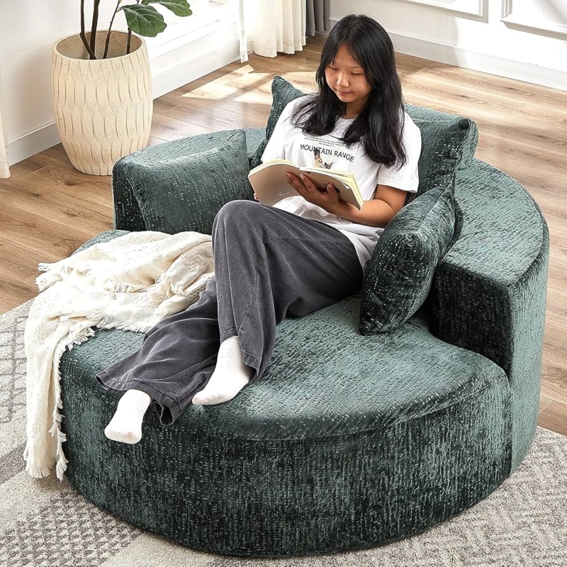 Lounge Chair Forest Green Chenille Round with Bolster Pillows