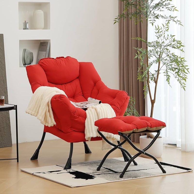 Lounge Chair Integrated Side Pocket Modern Red Chair with Ottoman