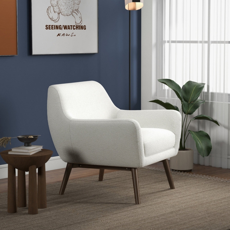 Lounge Chair Low Slung Angled Back White Boucle Minimalist Frame