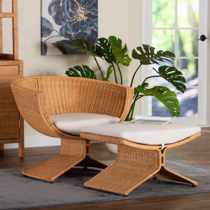Lounge Chair Set Honey Rattan Curved Back with Ottoman Coastal