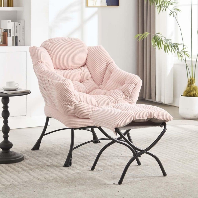 Lounge Chair with Side Pocket and Ottoman in Pink Fabric