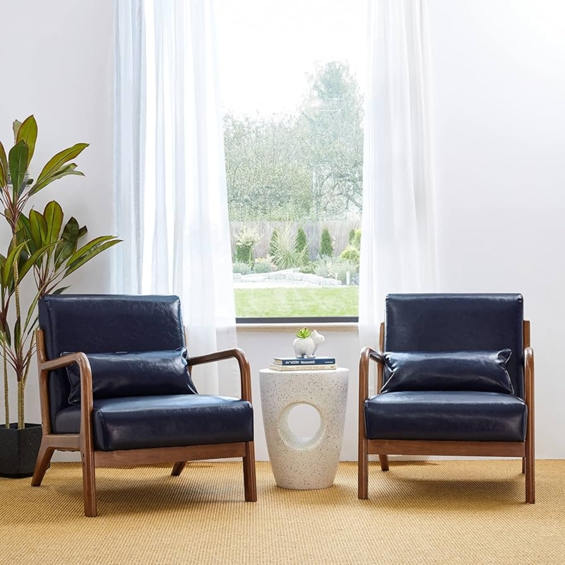 Lounge Chairs Navy Blue PU Leather Walnut Frame Set