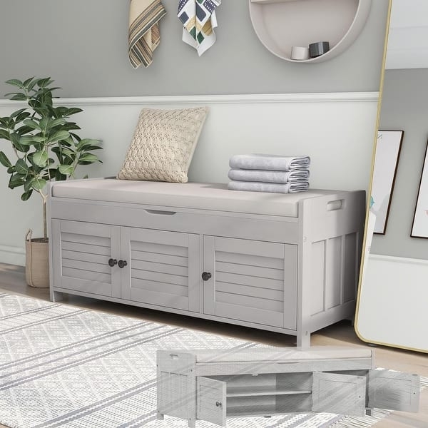 Louvered Door Storage Bench with Integrated Cushion in Gray