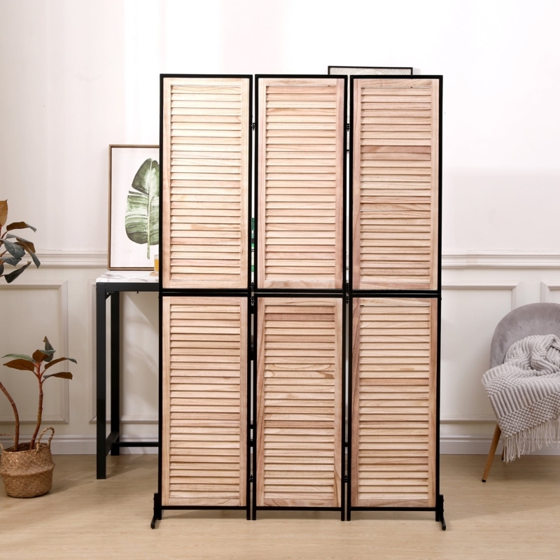 Louvered Room Divider Black Metal Frame Natural Wood Slats