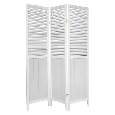 Louvered Room Divider with Beadboard Detail. Whitewashed Coastal Screen.