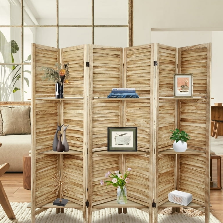 Louvered Six-Panel Room Divider with Integrated Display Shelves
