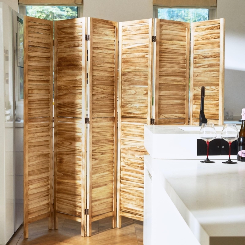 Louvered Wood Room Divider Six Panel Folding Partition Natural Finish