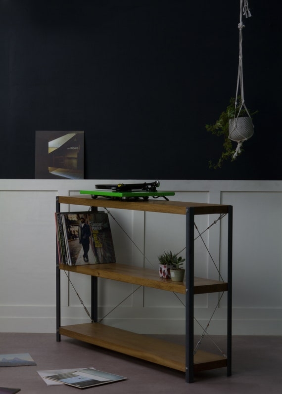 Low Industrial Bookcase, 3-Tier Wood Console Shelving Unit.
