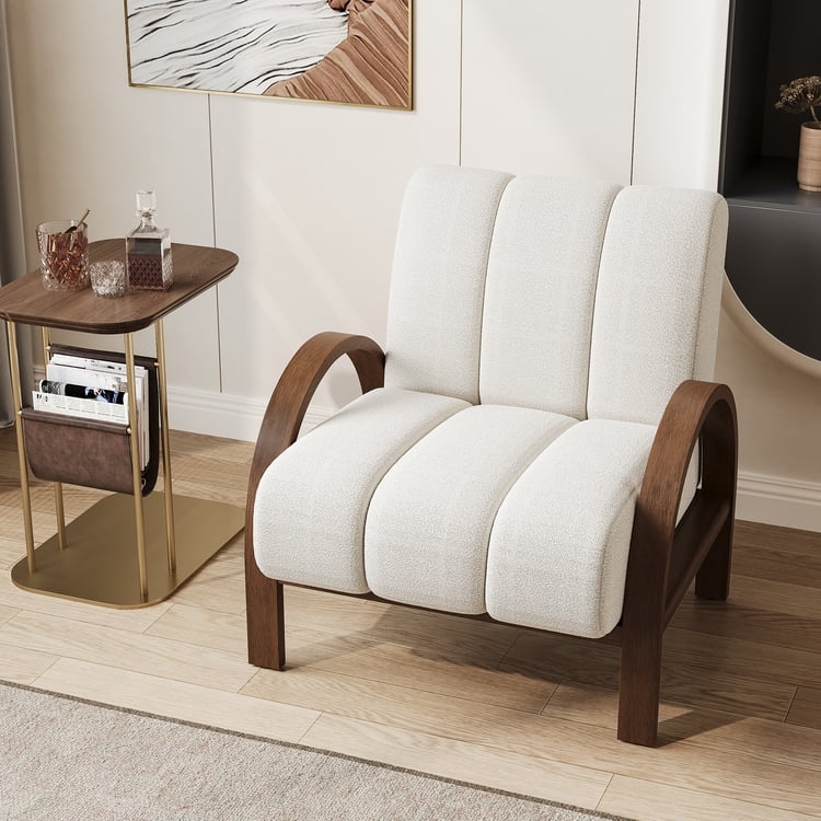 Low Profile Accent Chair with Boucle Texture. Japandi Living Room Chair.