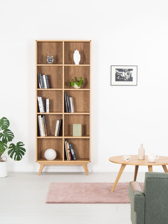 Low Profile Bookcase Tapered Legs Oak Mid Century Modern