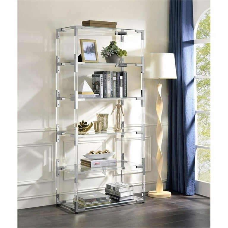 Lucite Bookcase with Polished Chrome X-Brace, Six-Shelf Glam Shelving Unit