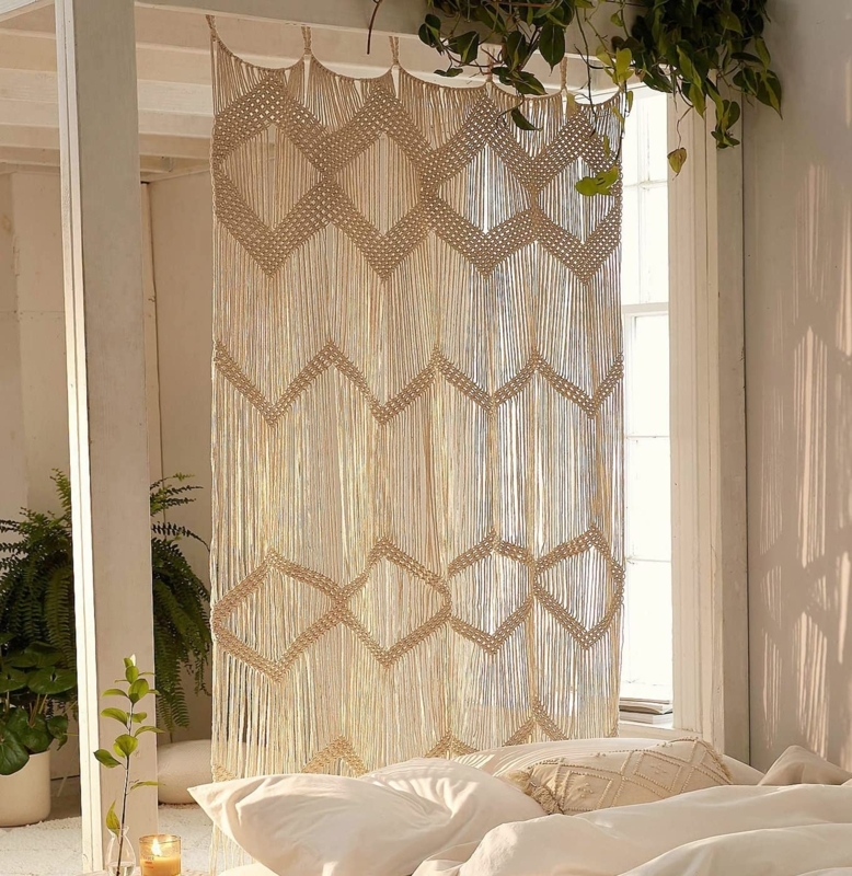 Macrame Curtain Geometric Diamond Pattern Fringe Boho Wall Hanging