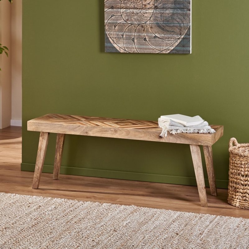 Mango Wood Bench with Chevron Parquet Top, Tapered Legs, Modern Bohemian