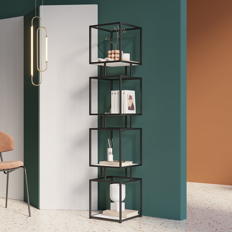 Matte Black Metal Bookcase Tower with Staggered Cube Design