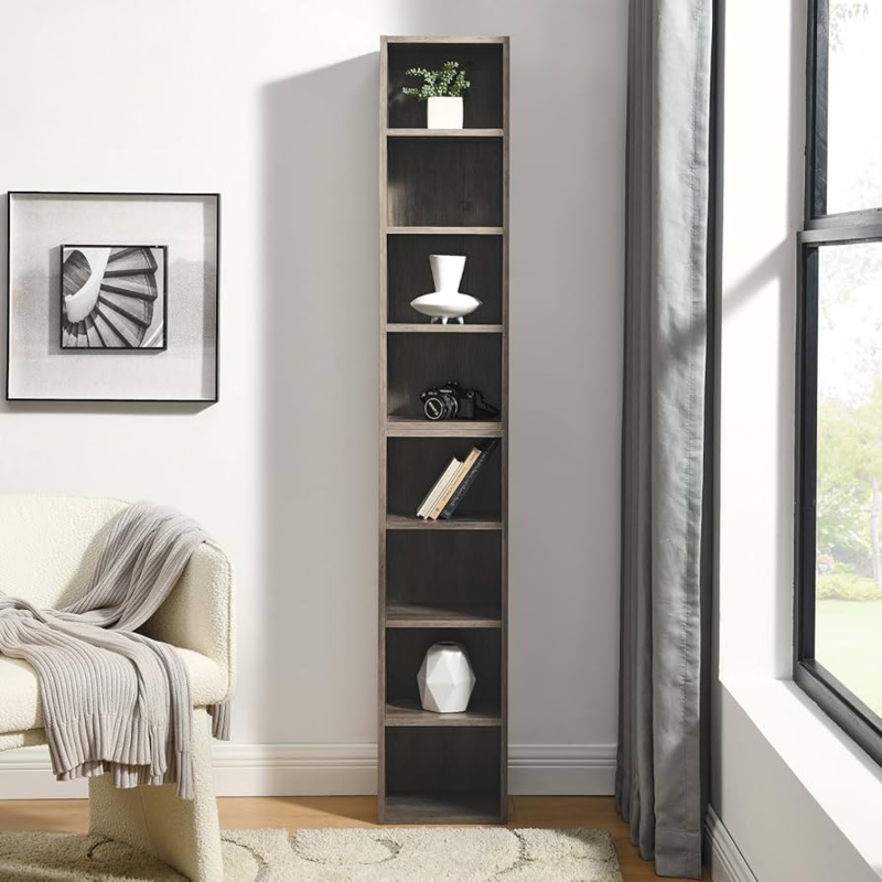 Matte Gray 8-Tier Bookcase: Minimalist Narrow Storage Tower