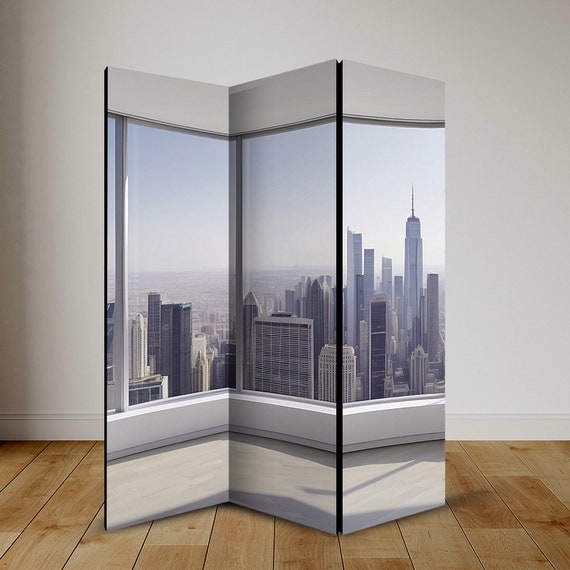 Metropolitan Room Divider City Skyline Print Faux Window View
