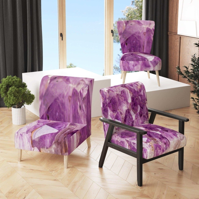 Mid-Century Accent Chair Bold Amethyst Macro Print & Splayed Legs