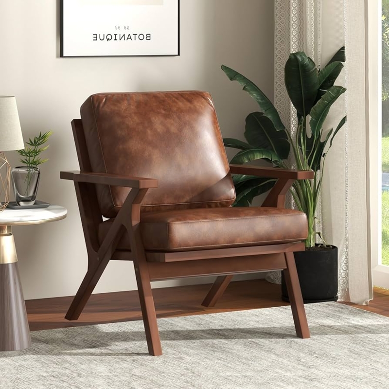 Mid-Century Accent Chair Cognac Faux Leather Slanted Wood Frame