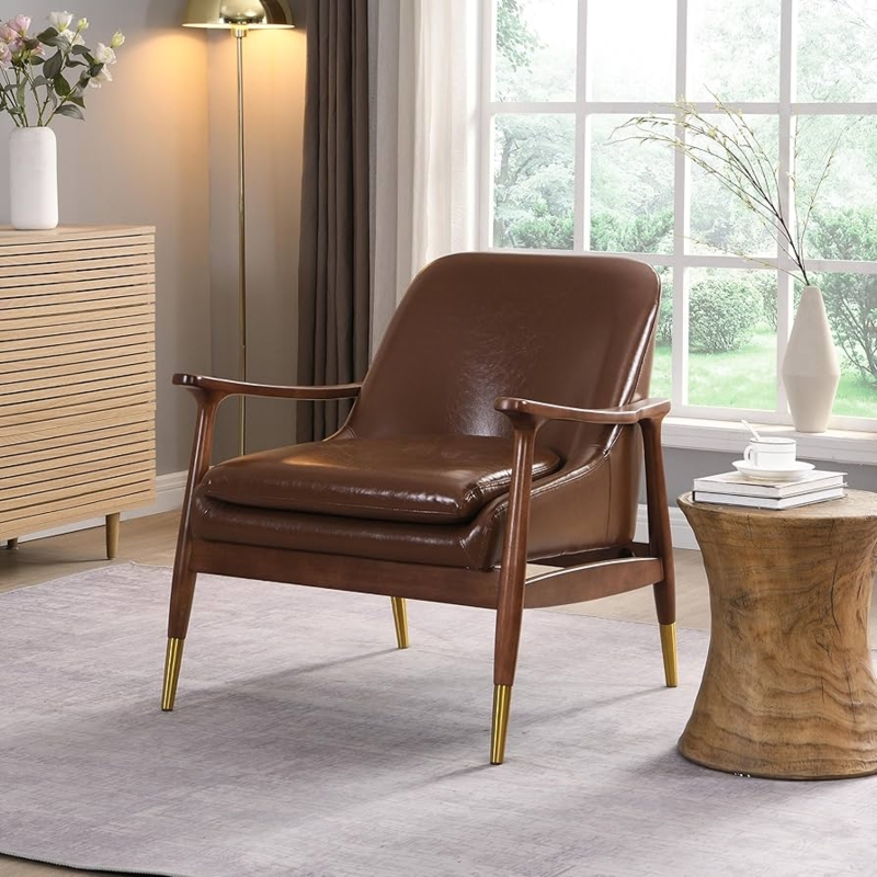 Mid Century Accent Chair in Tan Leather with Brass Tipped Legs