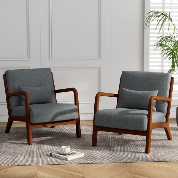 Mid-Century Accent Chair Set of 2 with Tapered Legs and Beige Fabric