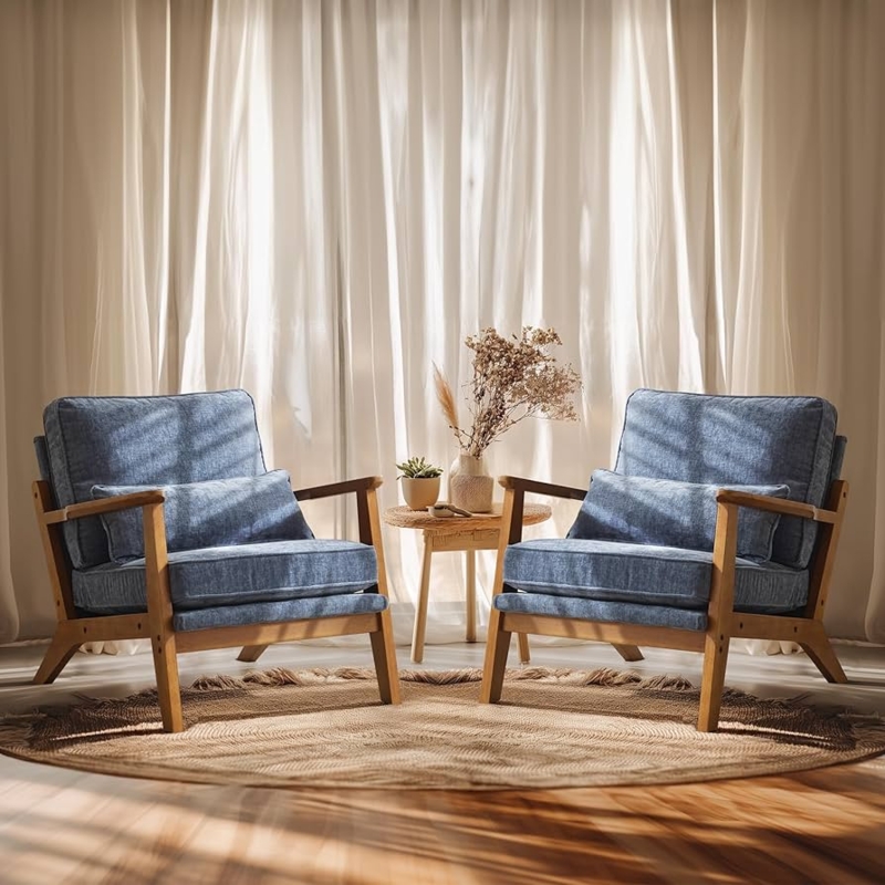 Mid-Century Accent Chair Set with Wide Armrests in Dark Blue