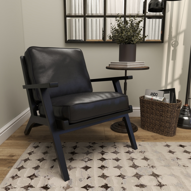 Mid-Century Accent Chair Teak Toned Frame Black Leather-Like
