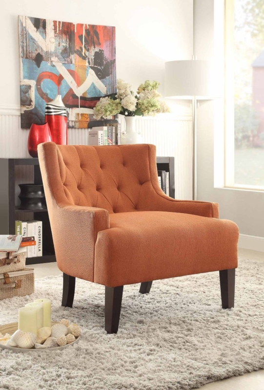 Mid-Century Accent Chair, Vibrant Orange Fabric, Button Tufted Back