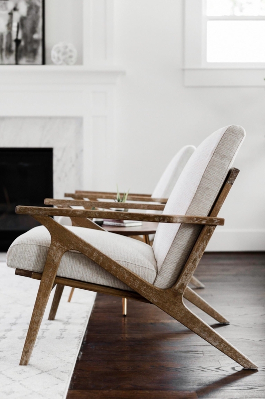 Mid-Century Accent Chair, White Linen & Light Wood, Tapered Legs