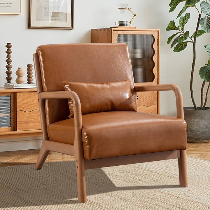 Mid-Century Accent Chair with Angular Wood Frame and Tufted Backrest
