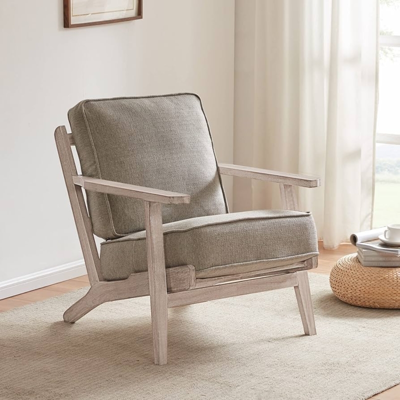 Mid-Century Accent Chair with Bolster Pillows and Linen-Like Texture