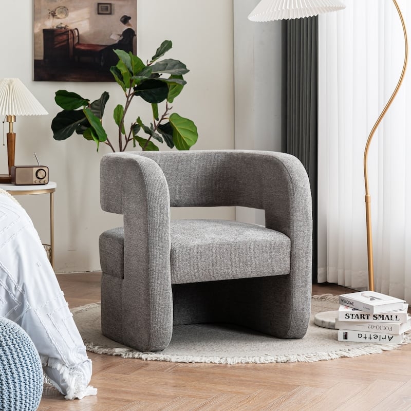Mid-Century Accent Chair with Curved Wooden Frame and Woven Upholstery