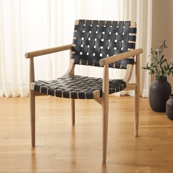 Mid-Century Accent Chair with Tan Woven Straps and Blonde Wood Frame