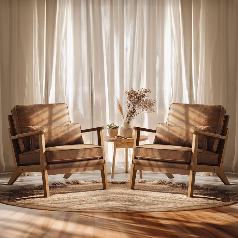 Mid-Century Accent Chair with Wide Wood Arms and Brown Suede