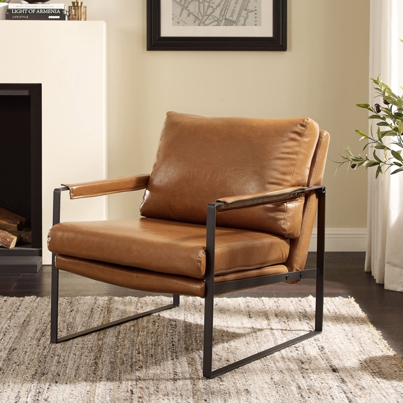 Mid-Century Armchair Brown Vertical Stitching Metal Legs