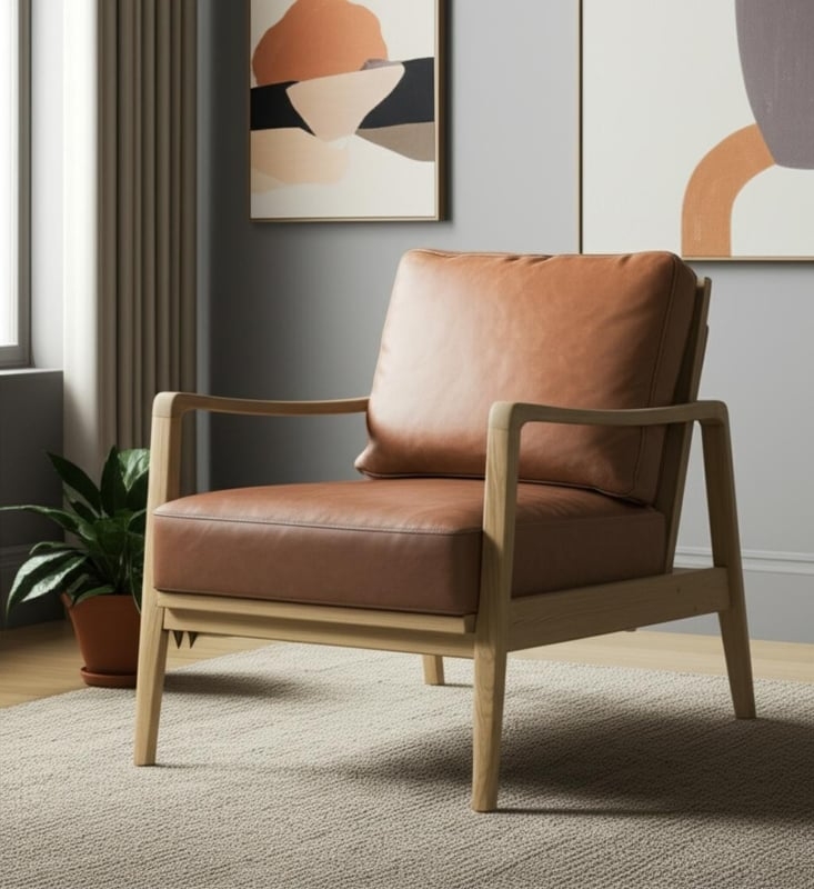 Mid-Century Armchair Cognac Leather-Like Track Arms Tapered Wood Legs