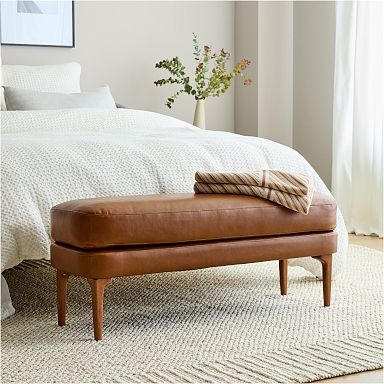 Mid-Century Bench Cognac Rounded Pill Shape Seat Tapered Wood Legs