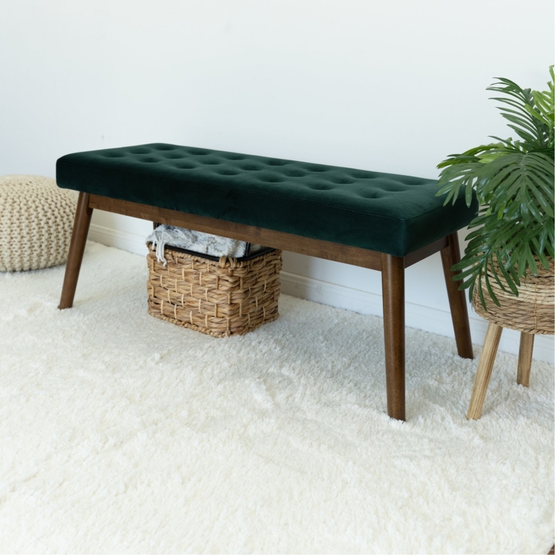 Mid-Century Bench Forest Green Velvet Button Tufted Wood Legs