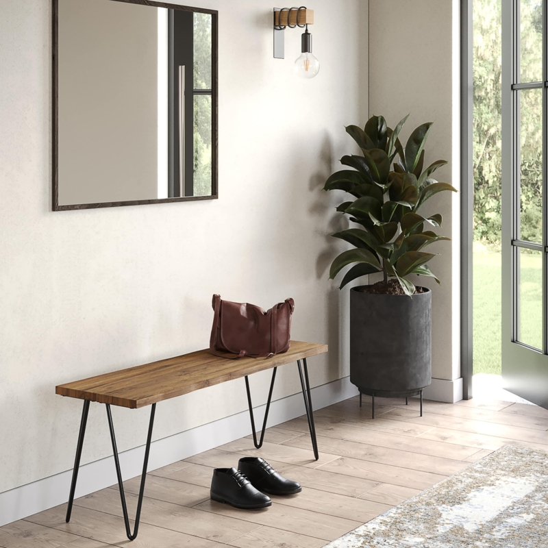 Mid Century Bench with Airy Hairpin Legs for Entryway