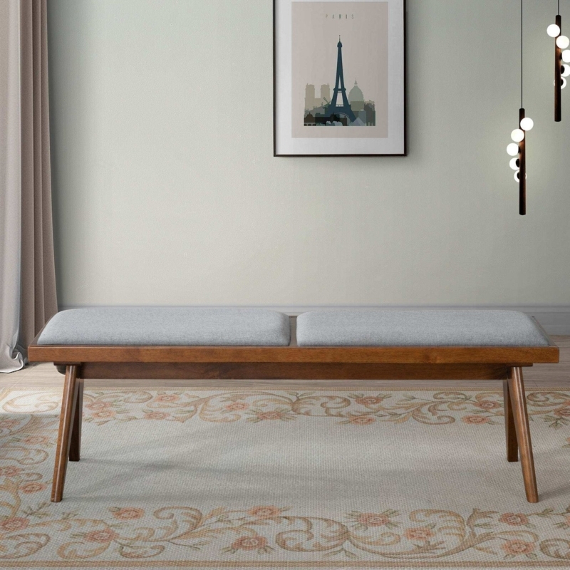 Mid-Century Bench with Split Grey Fabric Seat and Tapered Walnut Legs