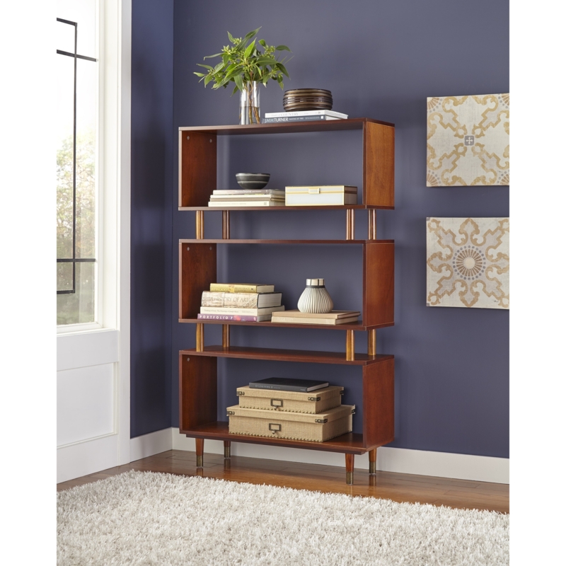 Mid-Century Bookcase Tapered Legs Sliding Doors Light Wood 3-Tier