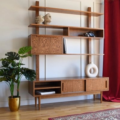 Mid-Century Bookcase with Sliding Doors and Recessed Pulls