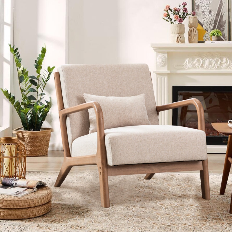 Mid-Century Chair, Gray Upholstery with Exposed Wood Frame and Pillow