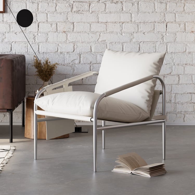 Mid-Century Faux Leather White Accent Chair Armchair with Stainless Steel  Frame Set of 2Homary ES