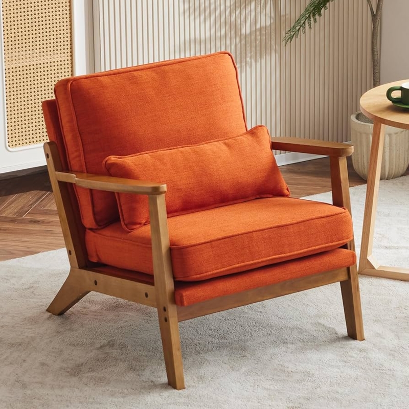 Mid-Century Lounge Chair, Burnt Orange Linen, Wide Wood Armrests, Lumbar Pillow
