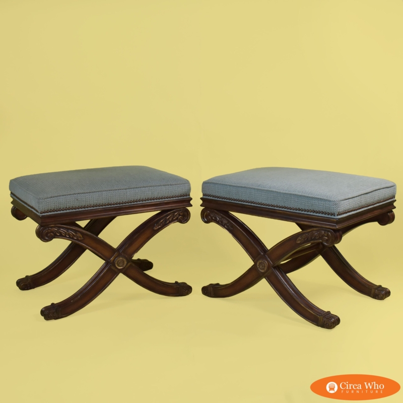 Mid-Century Modern Accent Benches, Pair with White Upholstery